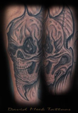 Tattoos - David Meek - Bio Organic Black and Gray  Skull Arm Tattoo